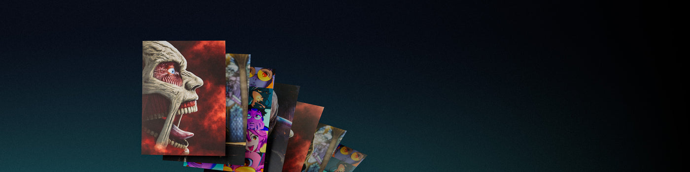 Collection of Adam Ingle's prints on a wide navy background